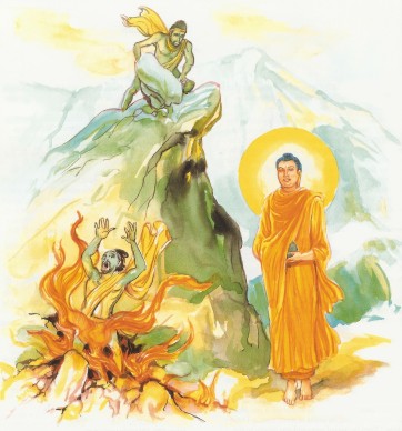 Devadatta probeert de Boeddha te vermoorden.